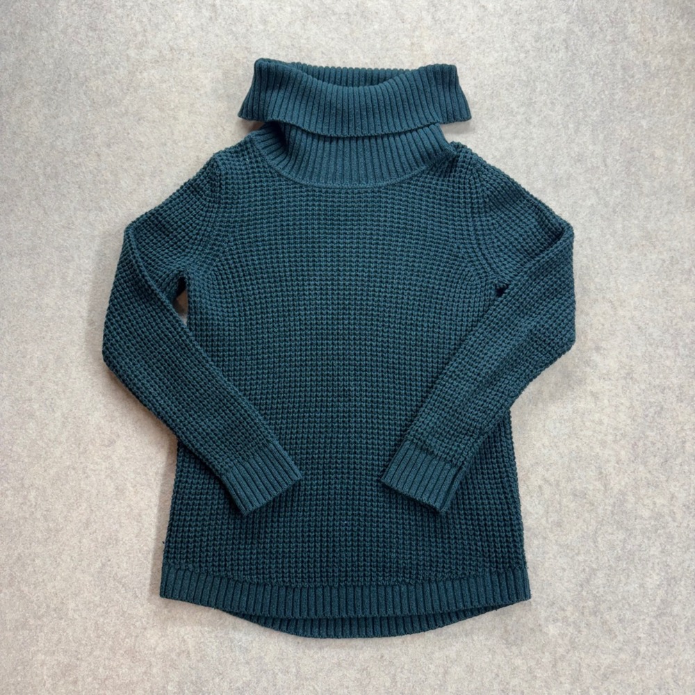 LL Bean Women Sz S Waffle Chunky Knit Turtleneck Sweater Green Merino Wool Blend